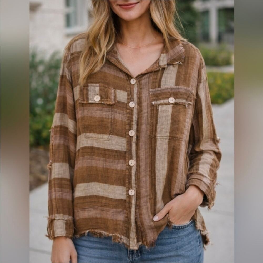 OLI & HALI Women's Striped Button Front Tunic Top Small Brown Oversized Raw Hem
